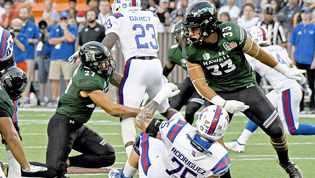 Rainbow Warriors Penei Pavihi (Tafuna HS Alumnus) and Solomon Matautia (Campbell HS, Ewa Beach, Oahu)