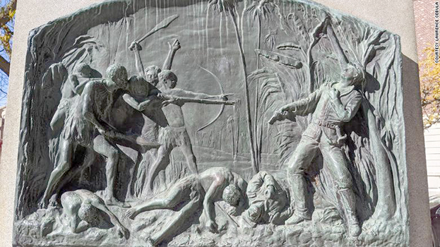 A plaque on the base of the John R. Monaghan monument in Spokane, Washington, depicts Samoans as primitive.