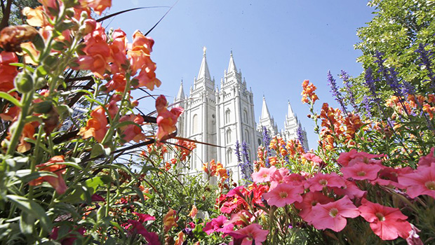  flowers bloom in front of the Salt Lake Temple