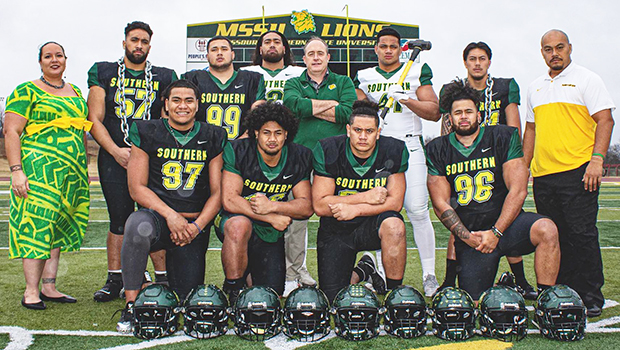 Pictured are some of the sons of Samoa who are currently on the roster, with MSSU running back coach, Keiki Misipeka (far right); academic support specialist, Rachel Jennings (far left) - both natives of American Samoa - and head coach Jeff Sims (middle row, center). 
