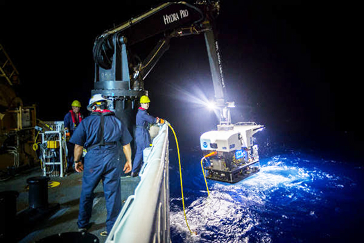 A NOAA vessel conducting ocean ecosystem studies