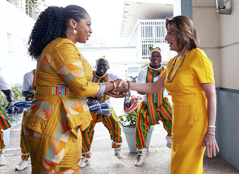 U.S. House Speaker Rep. Nancy Pelosi, D-Calif., shakes hands with the Hon. Sarah Adwoa Sarfo outside Ghana's Parliament 