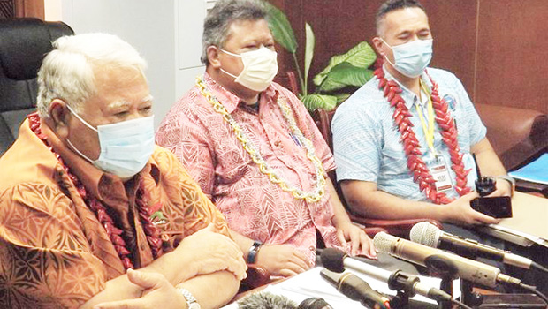  PM Tuila'epa, (left), Director of Health Leausa Dr Take Naseri and Interim Chair of the NEOC, Agafili Tomaimano Shem Leo.