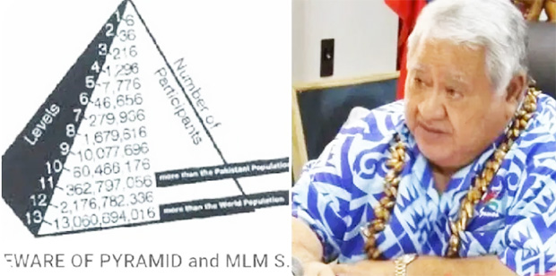 Graphic of pyramid scheme with photo of PM side by side