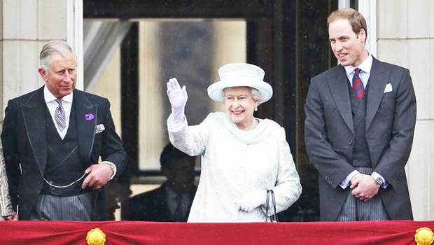 Queen Elizabeth II, center, accompanied by Prince Charles, left, and Prince William
