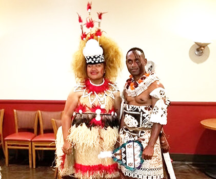 Taupou Mary Leausa Dorleus from Fagali'I and Ma'asina Fagaloa, Upolu Samoa who resides in Hinesville, Georgia, pictured with Ray Robanadakavu from Suva, Fiji.