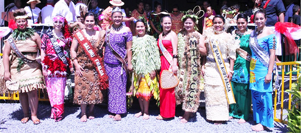 Outgoing Miss Samoa Papalii Alexandra Iakopo (middle) flanked by the nine contestants