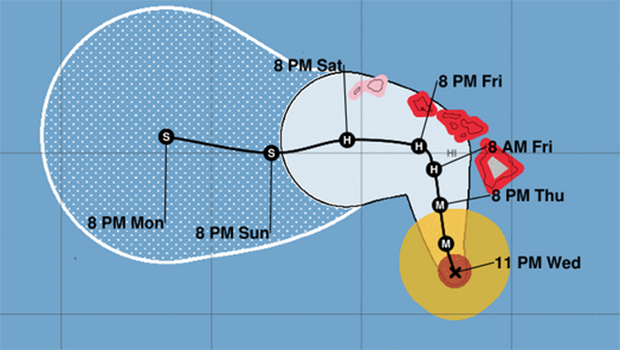 ere's the latest forecast track for Hurricane Lane as it marches toward the state. (Image: Central Pacific Hurricane Center)