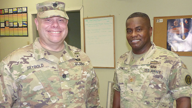 US Army Lt. Col. Clinton C. Seybold (left), Commander of the local US Army Reserve and U.S. Army Maj. Ullisses Taymes (right)