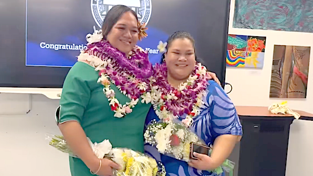 Mikaela Saelua (left) this year’s Territorial Teacher of the Year and Elena Salave’a Mao, first runner up