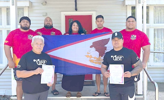 The five‑member team representing the American Samoa Powerlifting Federation 