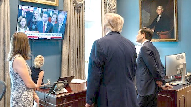 President Trum and Marco Rubio watch House vote