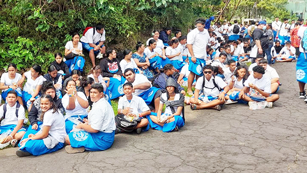 Samoana students on the hillside during tsunami drill