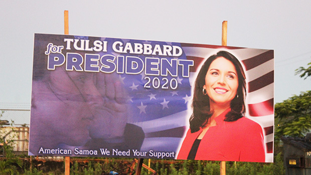Mini-size billboard for US democratic presidential hopeful, Tulsi Gabbard