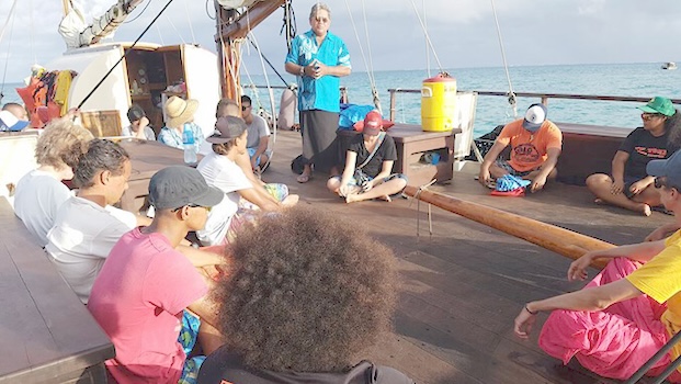 students on Samoan voyaging canoe