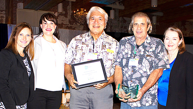 (L to R) Dr. Meridith Jaeger, UEDA President; Dr. Margo Fliss, UEDA Awards of Excellence Committee Chair, Papalii Dr. Tusi Avegalio PBCP Director, Mike Lurvey UH PBCP/MPBI scientist & inventor and Dr. Julia Potter, incoming UEDA President.