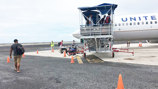 A United Airlines aircraft on the tarmac in Marshall Islands
