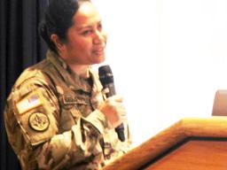 Maj. Eline D. Moeolo-Tuitele with the 88th Readiness Division speaks to Fort McCoy, Wis., community members during the Asian-American/Pacific Islander Heritage Month observance May 17, 2018, at McCoy’s Community Center. The theme for the 2018 observance is “Unite our vision by working together.” [U.S. Army Photo: Aimee Malone, Public Affairs Office, Fort McCoy, Wis.]