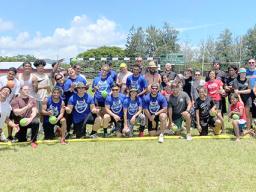 Group photo of players, coaches and others who took part in the first dodgeball tournament 