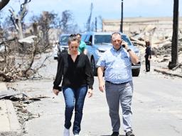 Hawaii Josh Green walking through the disaster area on Maui