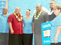 Raj Deo, Governor Lemanu’s chief of staff Tuimavave Tauapai Laupola, Bluesky Human Resources manager Lisa Gebauer, Gov. Lemanu Peleti Palepoi Sialega Mauga, Bluesky chief executive officer, Justin Tuiasosopo, and Bluesky customer service manager Sherry Sele