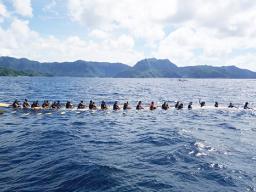 The Aeto from Pago Pago was partially submerged under water prior to the start of last Saturday's Flag Day 2019 Fautasi Race. 