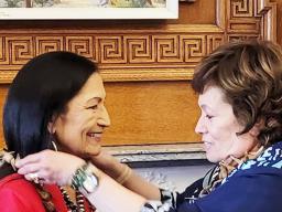Congresswoman Uifa’atali Amata presents an ula fala to her former House colleague, new Secretary of the Interior Deb Haaland