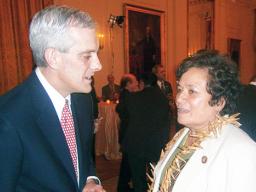 Congresswoman Amata speaking with Secretary McDonough