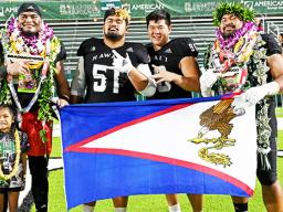 Vaitogi's John Tuitupou, his daughter Tifa, Aua's Maurice Ta'ala, teamate Andrew Choi, and Aua's Blessman Ta'ala 