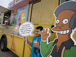 In this March 15, 2015, file photo, an Apu cutout is displayed at a Simpsons Kwik-E-Mart Truck 
