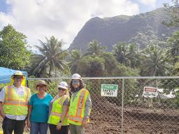 Mayor of Aua village Muaiavaona Fofoga Pila (second from left) with personnel from the US Army Corps of Engineers (USACE), Santiago Gallego (far left), Daisy Pate (third from left), and Mathew Segura (far right).