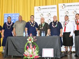 The teams (l-r] on stage: Sen. Fai’ivae Iuli Godinet, candidate for lieutenant governor and running mate candidate for governor, Senate President Gaoteote Tofau Palaie; candidate for governor; Lt. Gov. Lemanu Peleti Mauga candidate for governor and Talauega Eleasalo Va’alele Ale for lieutenant governor; I’aulualo Fa’afetai Talia candidate for governor and Tapaau Dr. Dan Mageo Aga as lieutenant governor; and Tapumanaia Galu Satele Jr., for lieutenant governor and candidate for governor, Nuauaolefeagaiga Saol