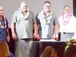  [l-r]: candidate for lieutenant governor Tapaau Dr. Dan Mageo Aga, and candidate for governor, I’aulualo Fa’afetai Talia; candidate for governor Lt. Gov. Lemanu Palepoi Sialega Mauga and candidate for lieutenant governor Talauega Eleasalo Va’alele Ale; and candidate for lieutenant governor Tapumanaia Galu Satele Jr. with candidate for governor Sen. Nuanuaolefeagaiga Saoluaga T. Nua.  