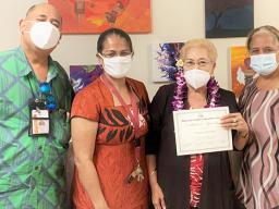 Mrs. Diana Tarrant (2nd right)  (left to right) ACNR Director Aufa’i Apulu Ropeti Areta, Acting Vice President of Administration and Finance Ms. Grace Tulafono, and ASCC President Dr. Rosevonne Pato