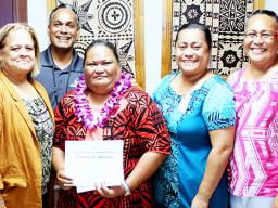 Dr. Rosevonne Pato (far left),Ms. Mele Faiai (center), Mr. Sonny Leomiti (2nd left), Mrs. Sereima Asifoa (2nd right), and Mrs. Amio Mavaega-Luvu