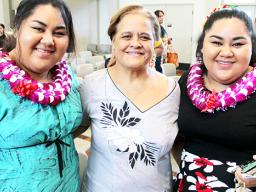 ASCC President Dr. Rosevonne Pato (center) welcomes Ms. Anneliese Haleck (left) and her twin sister Lottie Haleck
