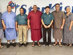  (L-R) Starkist HR/Safety Manager, Molly Schuster; DMWR Director Taotasi Archie Soliai; Attorney General Fainuulelei Falefatu Alailima Utu; StarKist Senior Manager Faafoi Palepua; Governor Lemanu; StarKist Plant Director Kim; Lt. Gov.  Talauega Eleasalo Ale Ale; Chief Immigration Officer Fagamalama Fualaau; Commerce Department director Petti Matila; and StarKist Environmental Associate Manager Edmund Kim.  