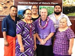 (back row l-r): Chris Ausage, staff historian; Tish Peau, Historic Preservation Officer and executive director; and Lance Te'i, GIS specialist and historian tech. (front row l-r) Flo Aetonu, grant manager; former Historic Preservation Officer turned consultant, David Herdrich; and Epi Suafo'a-Taua'i, archaeological technician