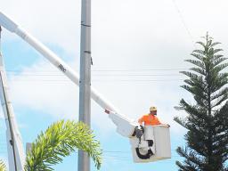 Man in bucket of bucket truck decorating huge xmas tree