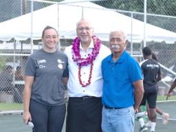 (Center) Governor Pulaali’i N. Pula with (left) the American Samoa Tennis Association (ASTA) President Florence Wasko and (right) Head Coach Taimalelagi Dave Godinet 