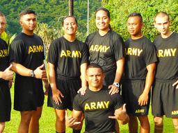 [l-r standing) Sgt. Embery, Sgt. Hunt, Spc. Maluafou, Sgt. Mortenson Sgt. Sapla and Spc. Stanleyfelt; and kneeling is PFC. Ulimasao