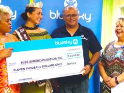 Miss American Samoa Inc. (MASI) president Meafou Imo; Miss Pacific Islands Matauaina Toomalatai, who is also the reigning Miss American Samoa; Bluesky Communications country manager, Raj Deo; and Bluesky Customer Service Manager Sherry Sele