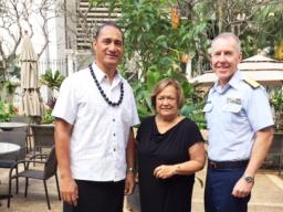   Archie Soliai, government and community relations manager, StarKist Samoa who is also chairman of the Western Pacific Regional Fishery Management Council with Council executive director Kitty Simonds; and Rear Admiral Kevin Lunday, commander of the Honolulu-based 14th District of the US Coast Guard and a Council member.