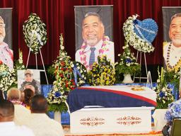 Photo of Chris King above his casket at funeral service