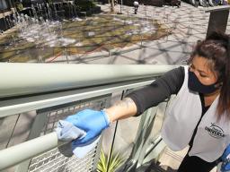Woman cleaning a stair railing