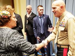 Congresswoman Amata greeting Commandant of the Marine Corps Gen. David Berger