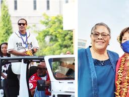 Composite of Troy in parade and Amata watching.