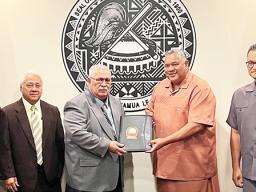 [l-r] Sixth Constitutional Convention secretary, Ti’alemasunu Dr. Mikaele Etuale; Vice Chairman Faiivae Iuli A. Godinet, Chairman Tuaolo Manaia Fruean, Gov. Lemanu Peleti Mauga, and Lt. Gov. Talauega Eleasalo Va’alele Ale