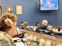 Congresswoman Amata speaking into microphone in committee room.