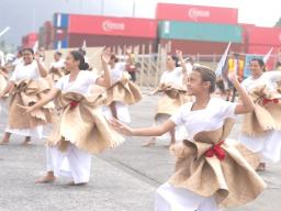 CCCAS Fagaʻalu youth dancing to welcome cruise ship